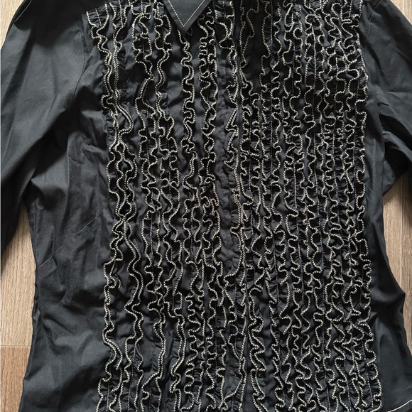 Black Ruffled Front Button-Up Shirt - Picture 4 of 7